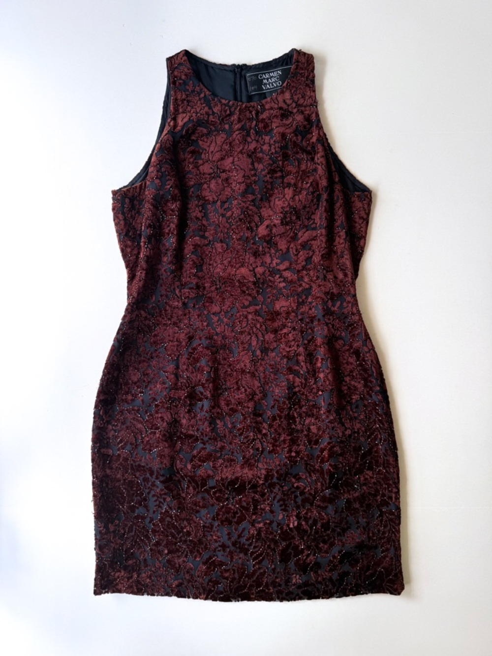 Vintage 1990s / Y2K Carmen Marc Valvo Burnout Velvet Beaded Dress Size 8